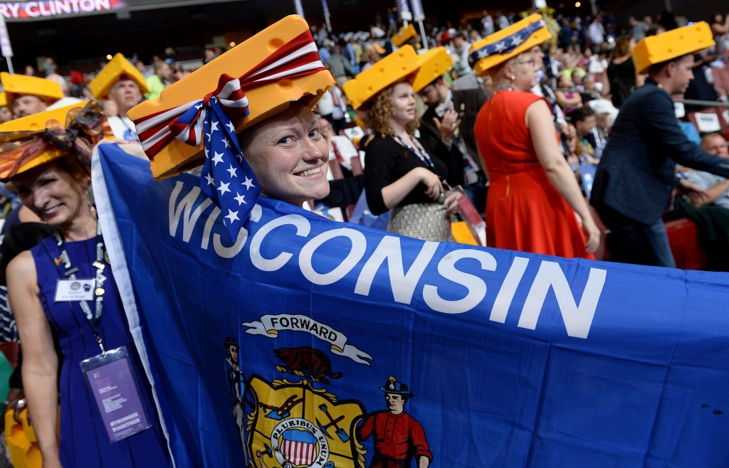 Wisconsin delegates show their state pride during the final day of the Democratic National Convention Thursday at the Wells Fargo Center in Philadelphia