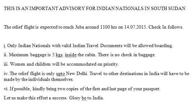 Advisory to Indian nationals in South Sudan