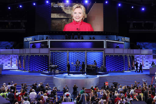 Democratic Presidential candidate Hillary Clinton appears on a large monitor to thank delegates during the second day of the Democratic National Convention in Philadelphia, Tuesday