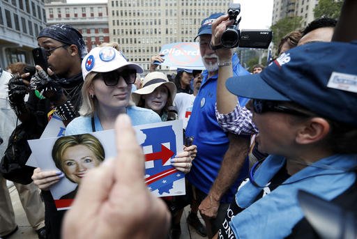 Demonstrators square off during a rally outside City Hall in Philadelphia Wednesday