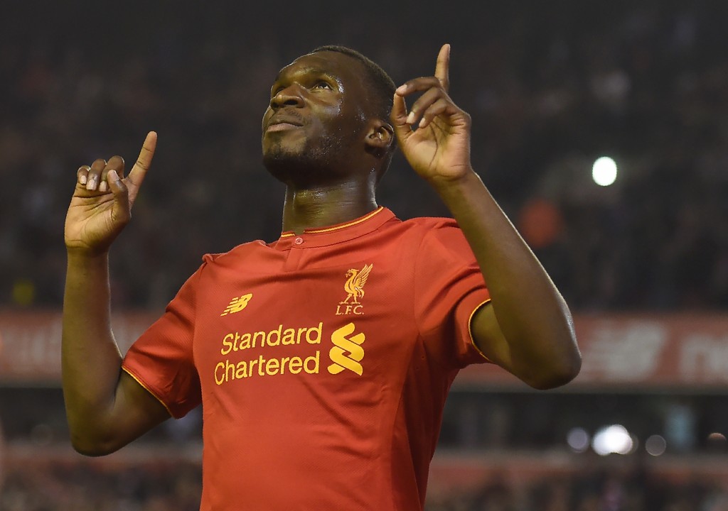 Liverpool's Christian Benteke celebrates after scoring his team's first goal during the English Premier League football match between Liverpool and Chelsea at Anfield in Liverpool north west England