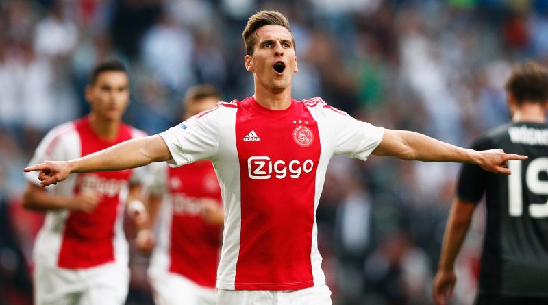 AMSTERDAM NETHERLANDS- AUGUST 20 Arkadiusz Milik of Ajax celebrates scoring his teams first goal of the game from the penalty spot during the UEFA Europa League play off round 1st leg match between Ajax Amsterdam and FK Baumit Jablonec