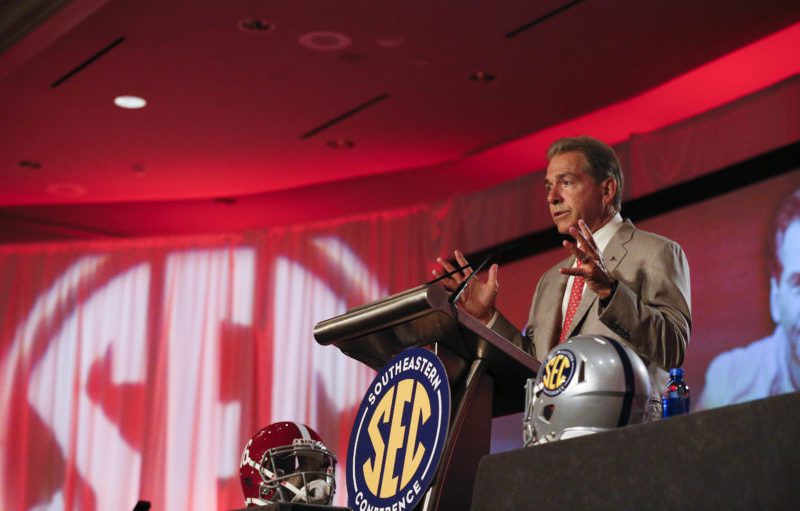 Alabama coach Nick Saban speaks to the media at the Southeastern Conference Media Days on Wednesday in Hoover Ala