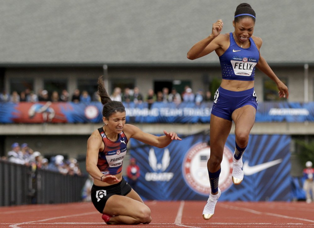 Jenna Prandini left dives across the finish line to claim the third spot on the U.S. Olympic team in the 200 meters –.01 second ahead of the 2012 Olympic champion Allyson Felix