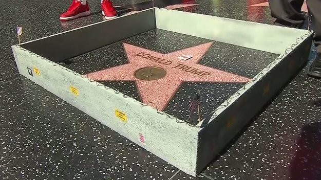 An artist known as Plastic Jesus set up a wall to border Donald Trump's star on the Hollywood Walk of Fame