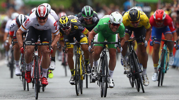 Andre Greipel and Mark Cavendish in a close tussle across the line on stage 3 of the 2016 Tour de France