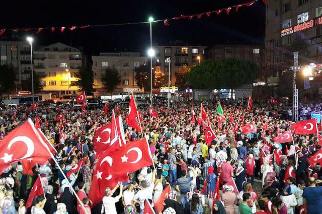 Anti-coup protesters after 15 July 2016 Turkish coup d'état attempt in Bağcılar İstanbul Turkey