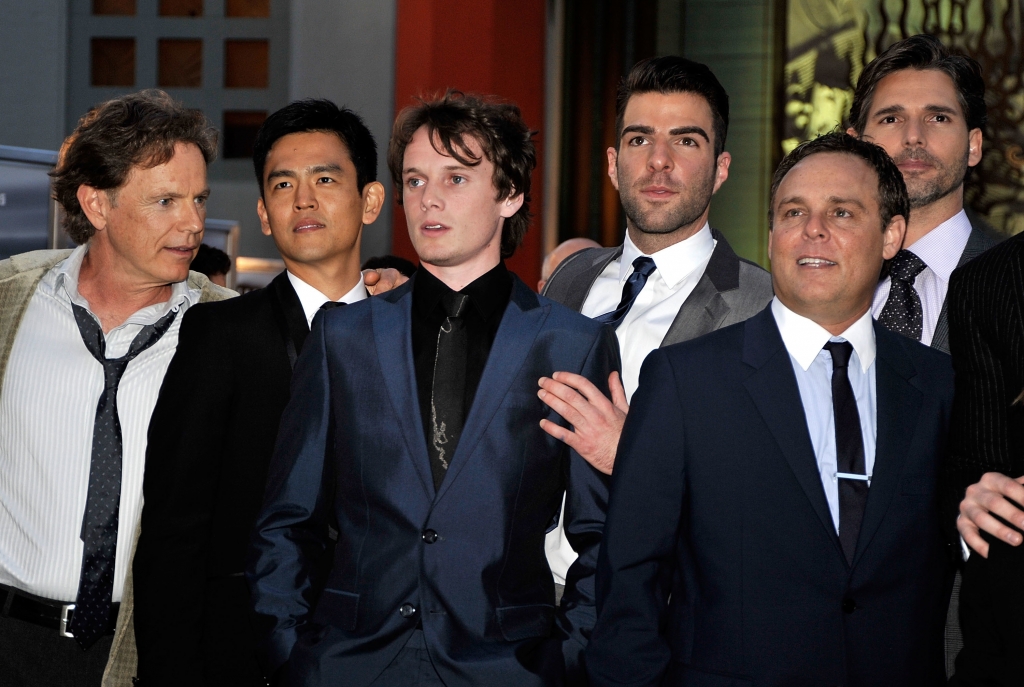 HOLLYWOOD- APRIL 30  Actors Bruce Greenwood John Cho Anton Yelchin Zachary Quinto executive producer Bryan Burk and actor Eric Bana arrive on the red carpet of the Los Angeles premiere of'Star Trek at the Grauman's Chinese Theatre on April 3