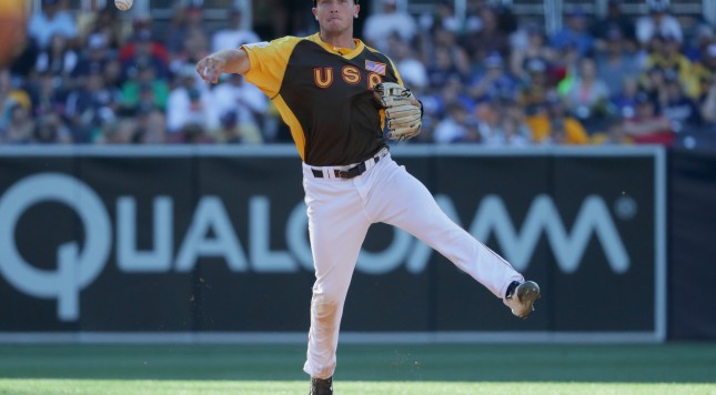 SAN DIEGO CA- JULY 10 Alex Bregman #2 of the Houston Astros and the U.S. Team fields a ball during the SiriusXM All Star Futures Game at PETCO Park