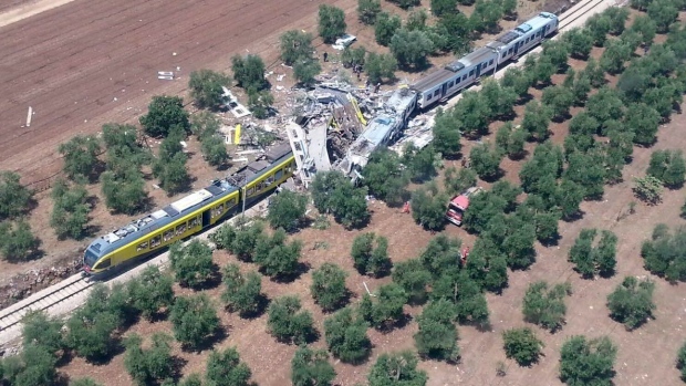 Wreckage from two passenger trains is strewn along a single-track stretch between Ruvo di Puglia and Corato in southern Italy on Tuesday in a handout