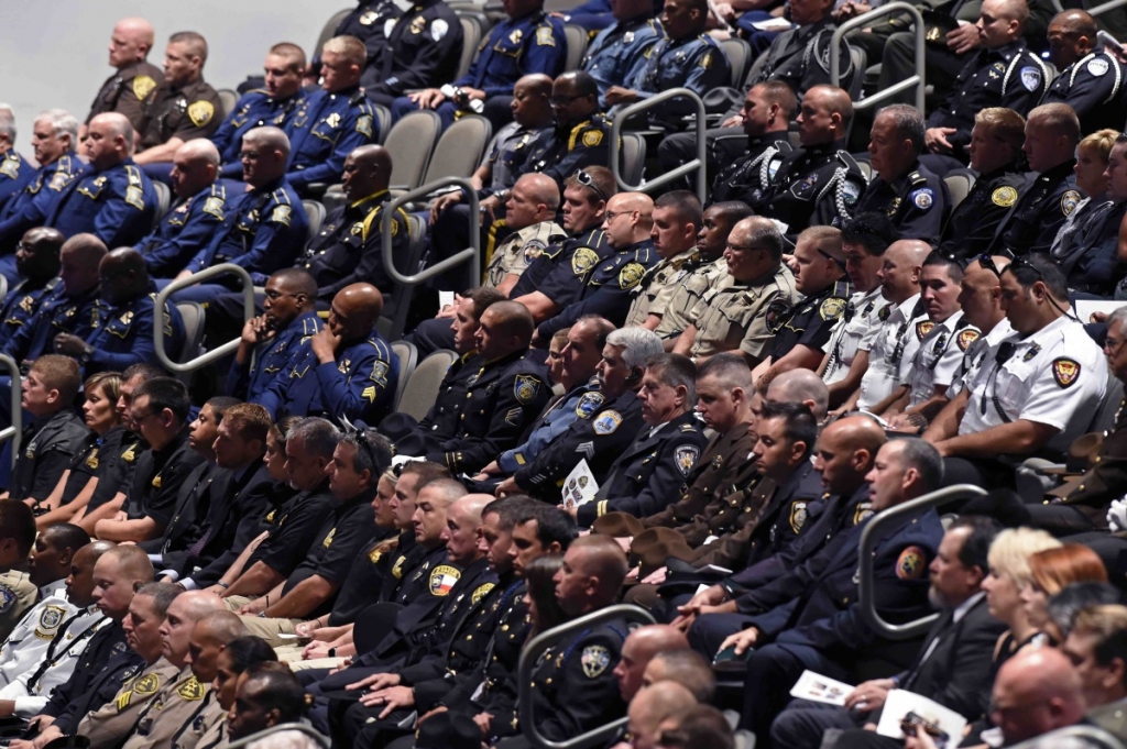 Police officers from departments around the country attend funeral services for Baton Rouge police officer Matthew Gerald one of three officers killed by a gunman July 17 at the Healing Place Church in Baton Rouge Louisiana U.S