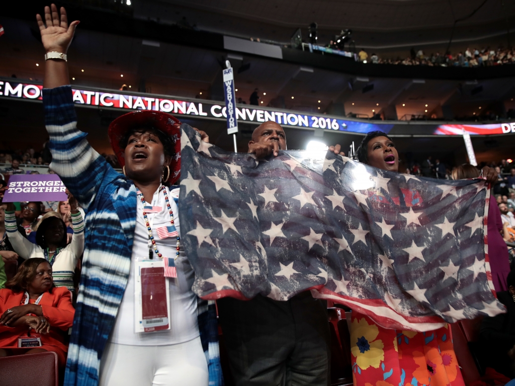 Attendees cheer during the third day of the Democratic National Convention at the Wells Fargo Center on Wednesday