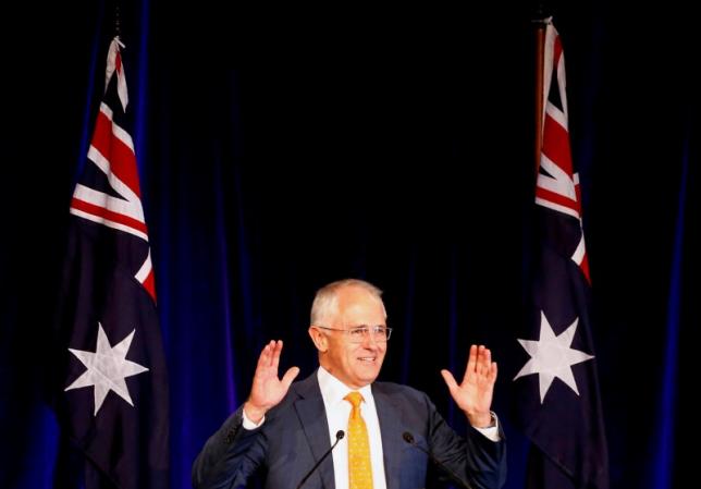 Australian Prime Minister Malcolm Turnbull reacts as he speaks during an official function for the Liberal Party during the Australian general election in Sydney Australia