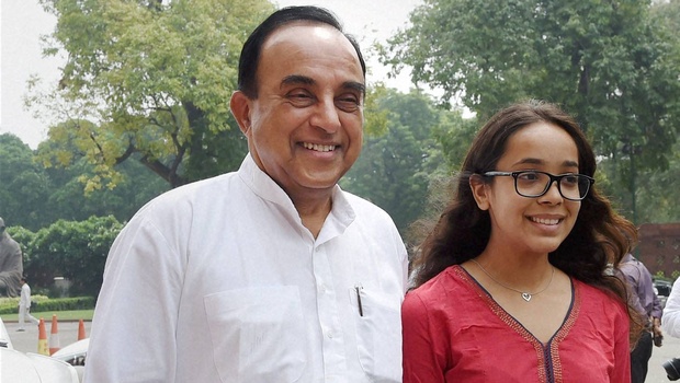 BJP Rajya Sabha member Subramanian Swamy with his grand daughter Abha at Parliament House during the Monsoon session in New Delhi on Tuesday | PTI