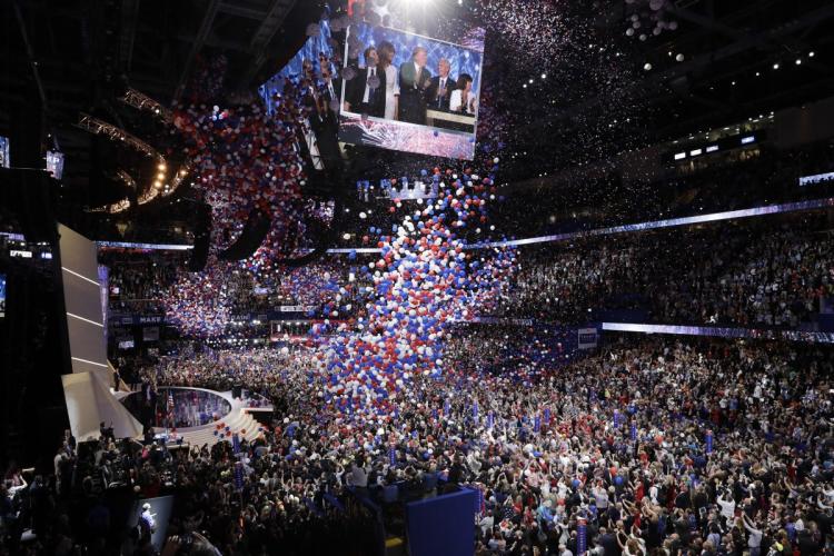 Balloons and confetti fell after Trump's 75-minute speech Thursday night