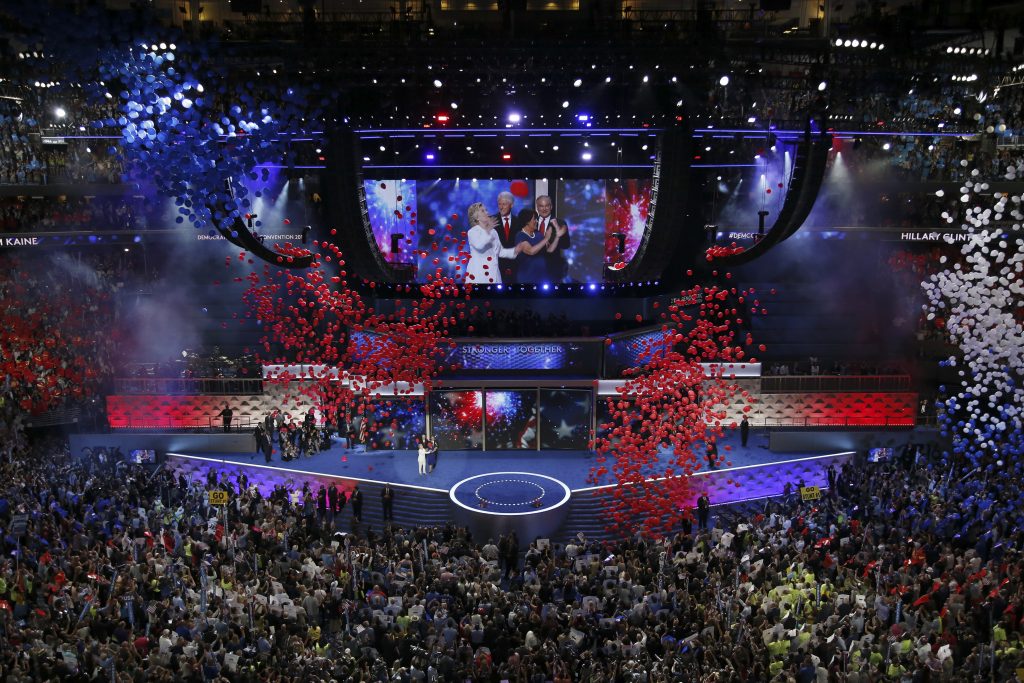 Balloons come down in the Wells Fargo Center after Hillary Clinton accepted the party’s presidential nomination on July 28