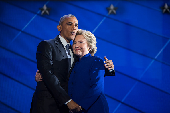 UNITED STATES- JULY 27 President Barrack Obama and Democratic nominee Hillary Clinton meet on stage the Wells Fargo Center in Philadelphia Pa. on the third day of the Democratic National Convention