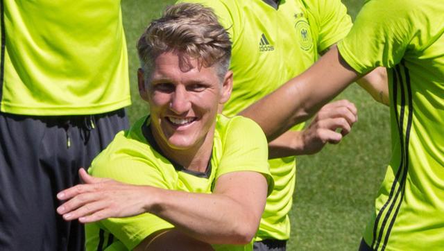 Bastian Schweinsteiger center attends the last training session of the German national football team