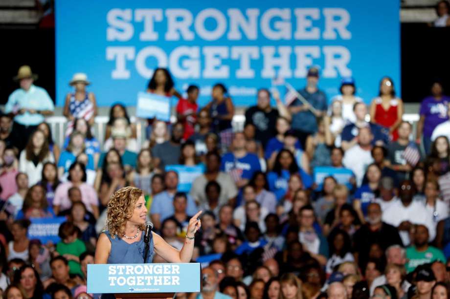 DNC chairwoman Rep. Debbie Wasserman Schultz speaks during a campaign event for Democratic presidential candidate Hillary Clinton at the Florida State Fairgrounds Entertainment Hall Friday