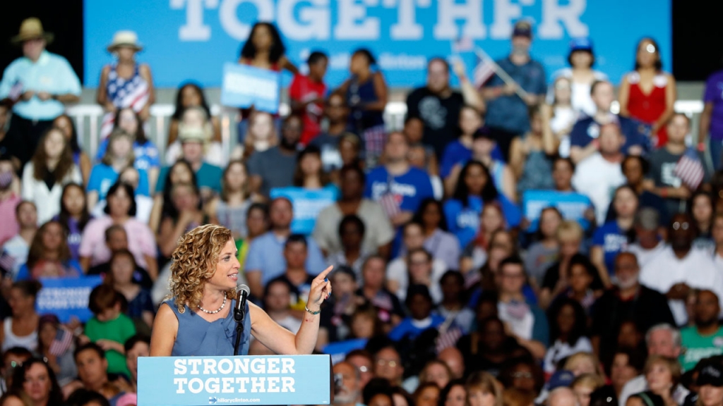 DNC chairwoman Rep. Debbie Wasserman Schultz speaks during a campaign event for Democratic presidential candidate Hillary Clinton at the Florida State Fairgrounds Entertainment Hall Friday