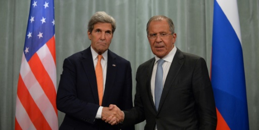 Russian Foreign Minister Sergei Lavrov shakes hands with US Secretary of State John Kerry after their press conference in Moscow