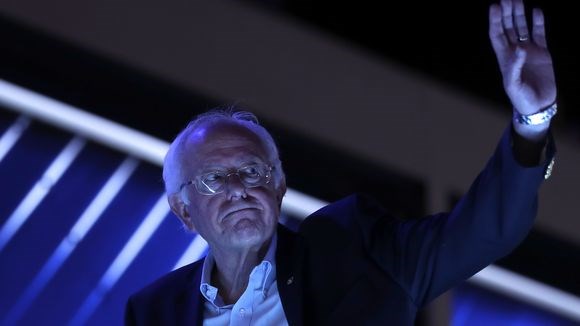 Bernie Sanders checks out the podium before the start of the Democratic National Convention in Philadelphia