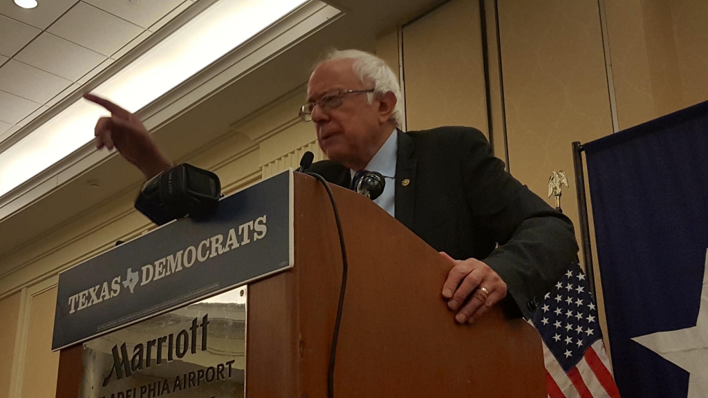 Bernie Sanders speaks to the Texas delegates at the Democratic National Convention