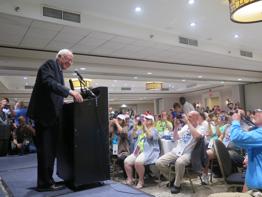 Bernie Sanders spoke to DNC delegates from Minnesota and three other states on the final morning of the convention. Tim Pugmire|MPR News