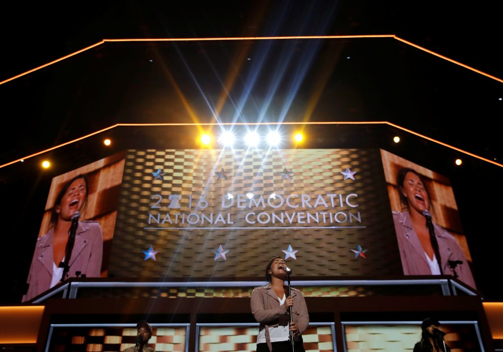 Singer Demi Lovato rehearses for her performance before the start of the at the Democratic National Convention in Philadelphia Pennsylvania