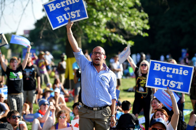 Bernie Sanders supporters gather at FDR Park on the second day of the Democratic National Convention