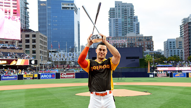 Giancarlo Stanton of the Miami Marlins celebrates after winning the Home Run Derby at PETCO Park in San Diego California