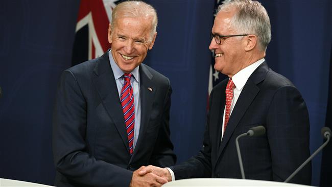 US Vice President Joe Biden shakes hands with Australia's Prime Minister Malcolm Turnbull after a joint press statement in Sydney