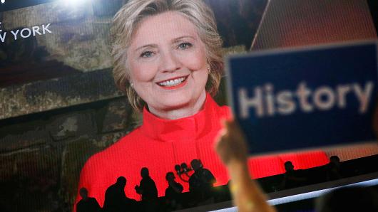 Democratic presidential nominee Hillary Clinton addresses the Democratic National Convention via a live video feed from New York during the second night at the Democratic National Convention in Philadelphia