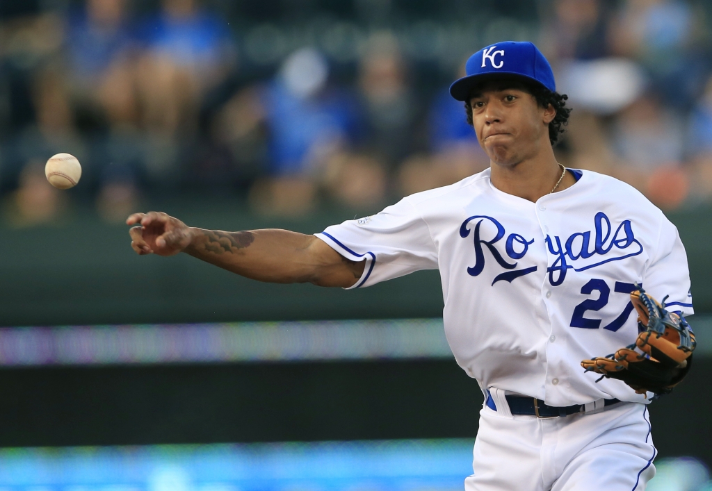 Kansas City Royals second baseman Raul Mondesi throws out Los Angeles Angels&#039 Yunel Escobar during the first inning of a baseball game at Kauffman Stadium in Kansas City Mo. Wednesday