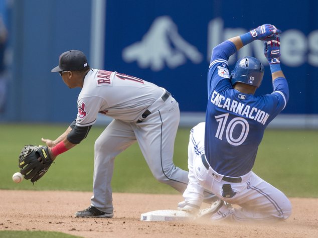 Toronto Blue Jays Edwin Encarnacion slides safely into second base with a double as Cleveland Indians second baseman Jose Ramirez field the throw from the