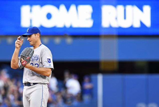 Kansas City Royals starting pitcher Chris Young reacts after giving up a solo home run to Toronto Blue Jays Josh Donaldson during the third inning of a base