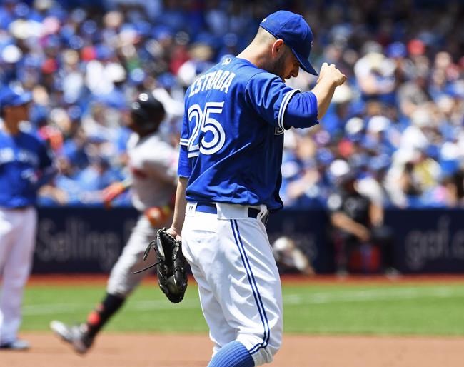 Toronto Blue Jays starting pitcher Marco Estrada reacts after giving up a solo home run to Cleveland Indians&#39 Rajai Davis rear during first inning MLB baseball action in Toronto