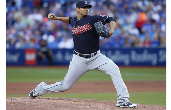 Cleveland Indians starting pitcher Carlos Carrasco throws against the Toronto Blue Jays during their MLB game at Rogers Centre in Toronto Thursday. — Reuters