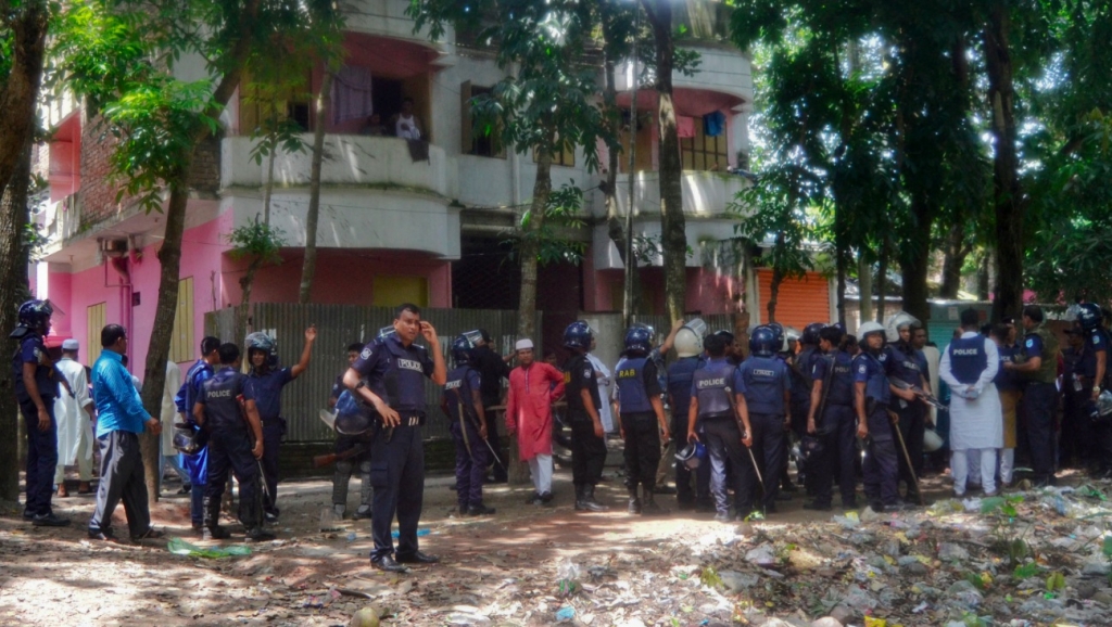 Bangladeshi policemen arrive near the scene of a blast in Kishoreganj about 90 kilometers north of the capital of Dhaka Bangladesh Thursday