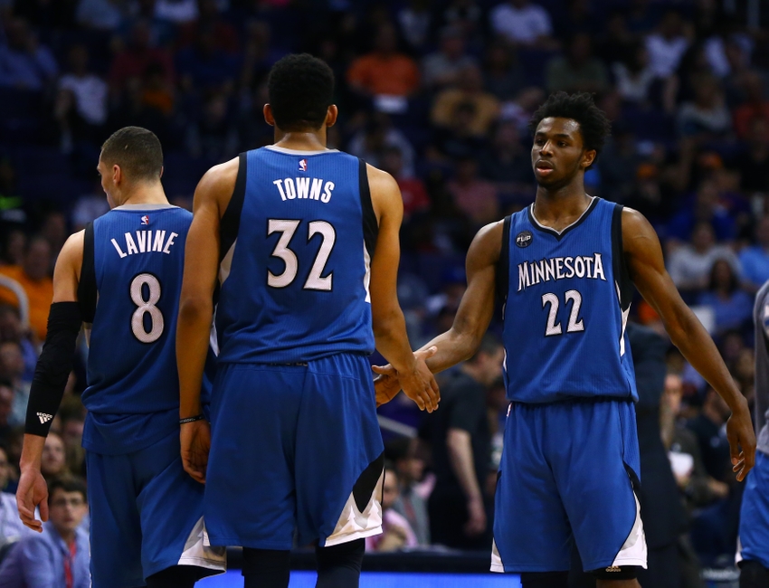 Mar 14 2016 Phoenix AZ USA Minnesota Timberwolves guard Zach La Vine, center Karl Anthony Towns and guard Andrew Wiggins against the Phoenix Suns at Talking Stick Resort Arena. The Suns defeated the Timberwolves 107-104. Mandatory Credit