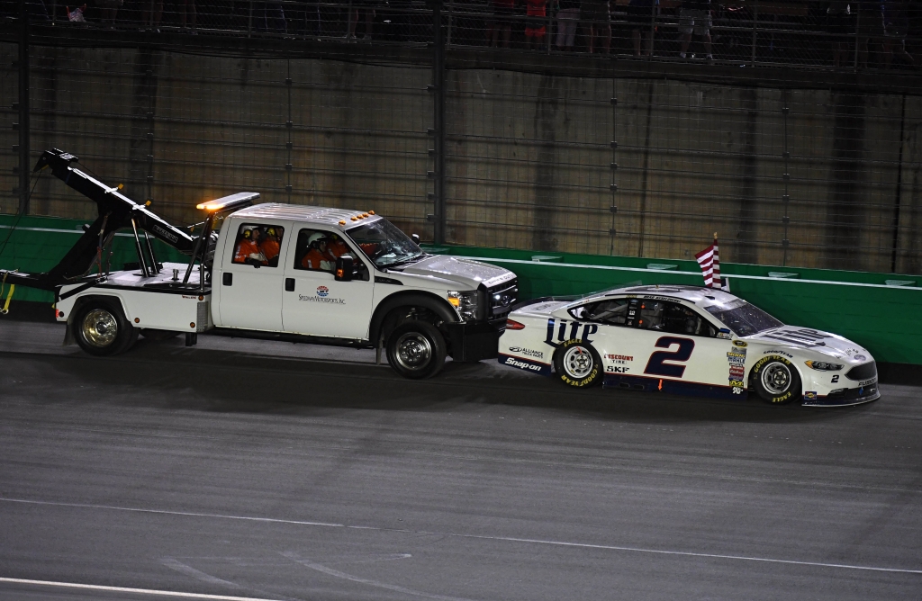 Jul 9 2016 Sparta KY USA NASCAR Sprint Cup Series driver Brad Keselowski has to be pushed into victory lane after running out of gas on the final lap during the Quaker State 400 presented by Advance Auto Parts at Kentucky Speedway. Mandatory Cred