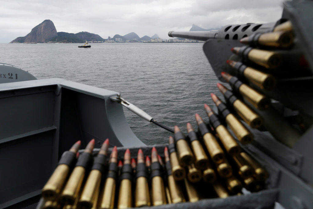 A Brazilian Navy vessel takes part in a security exercise in Guanabara Bay ahead of the 2016 Rio Olympics in Rio de Janeiro Brazil