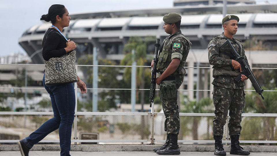 Brazilian soldiers at a security rehearsal of the Rio 2016 Olympic Games opening ceremony