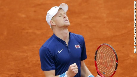 Britain's Kyle Edmund reacts after sealing their Davis Cup passage to the World Group semifinals after beating Serbia's Dusan Lajovic