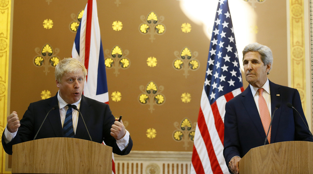 British Foreign Secretary Boris Johnson left and US Secretary of State John Kerry at a joint media conference following their meeting in London on 19 July 2016