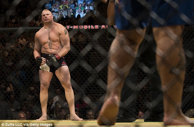 Brock Lesnar stares at opponent Mark Hunt during UFC 200 at T Mobile Arena on July 9 in Las Vegas