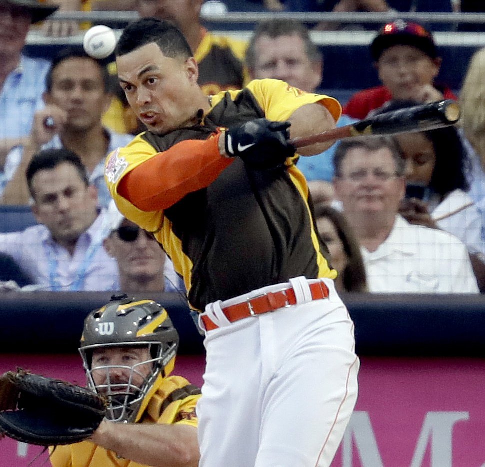 National League's Giancarlo Stanton of the Miami Marlins hits during the MLB baseball All Star Home Run Derby Monday