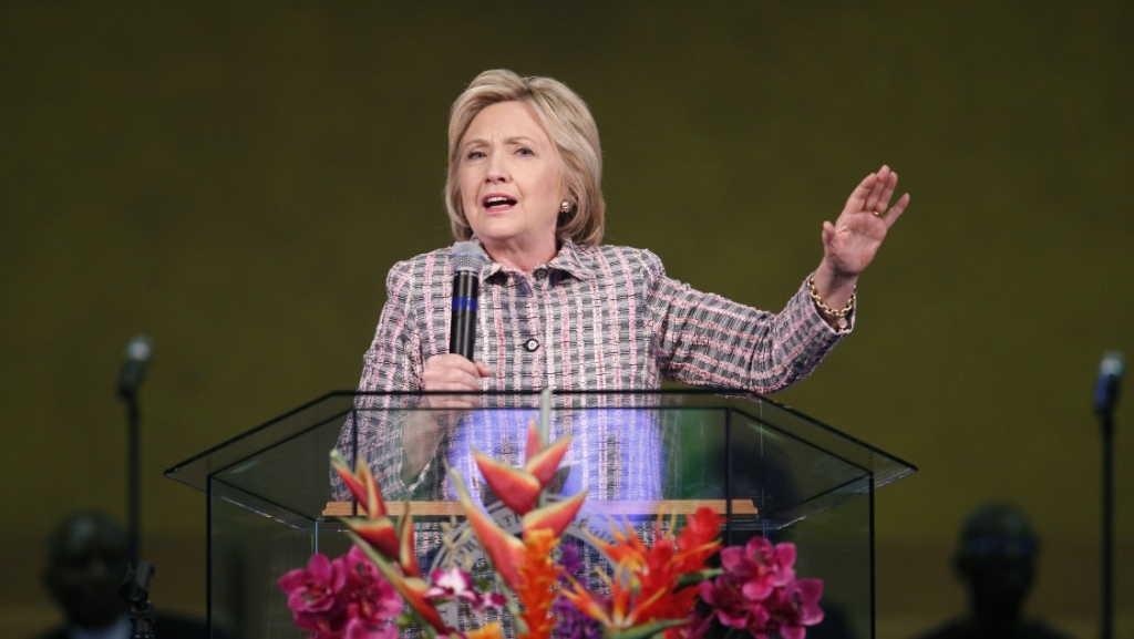 Democratic presidential candidate Hillary Clinton speaks at the Greater St. Paul Church in Oakland California