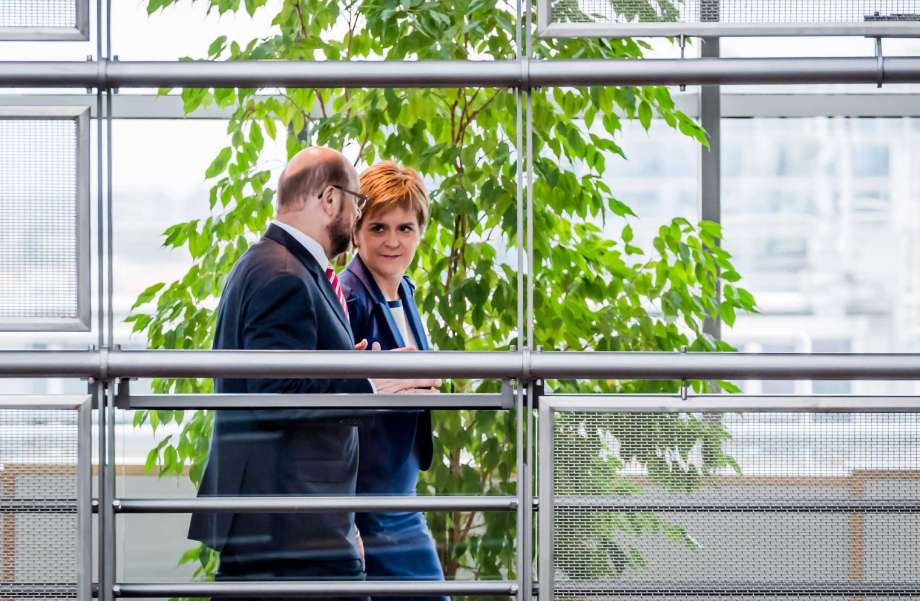 European Parliament President Martin Schultz left walks with Scottish First Minister Nicola Sturgeon at the European Parliament in Brussels on Wednesday