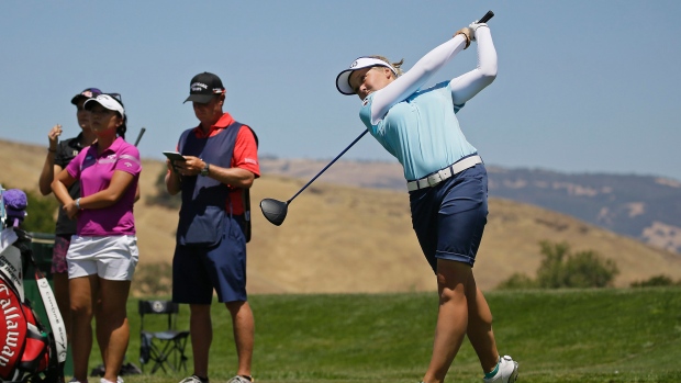 Canada's Brooke Henderson tees off during the first round of the U.S. Women's Open in San Martin Ca. Thursday